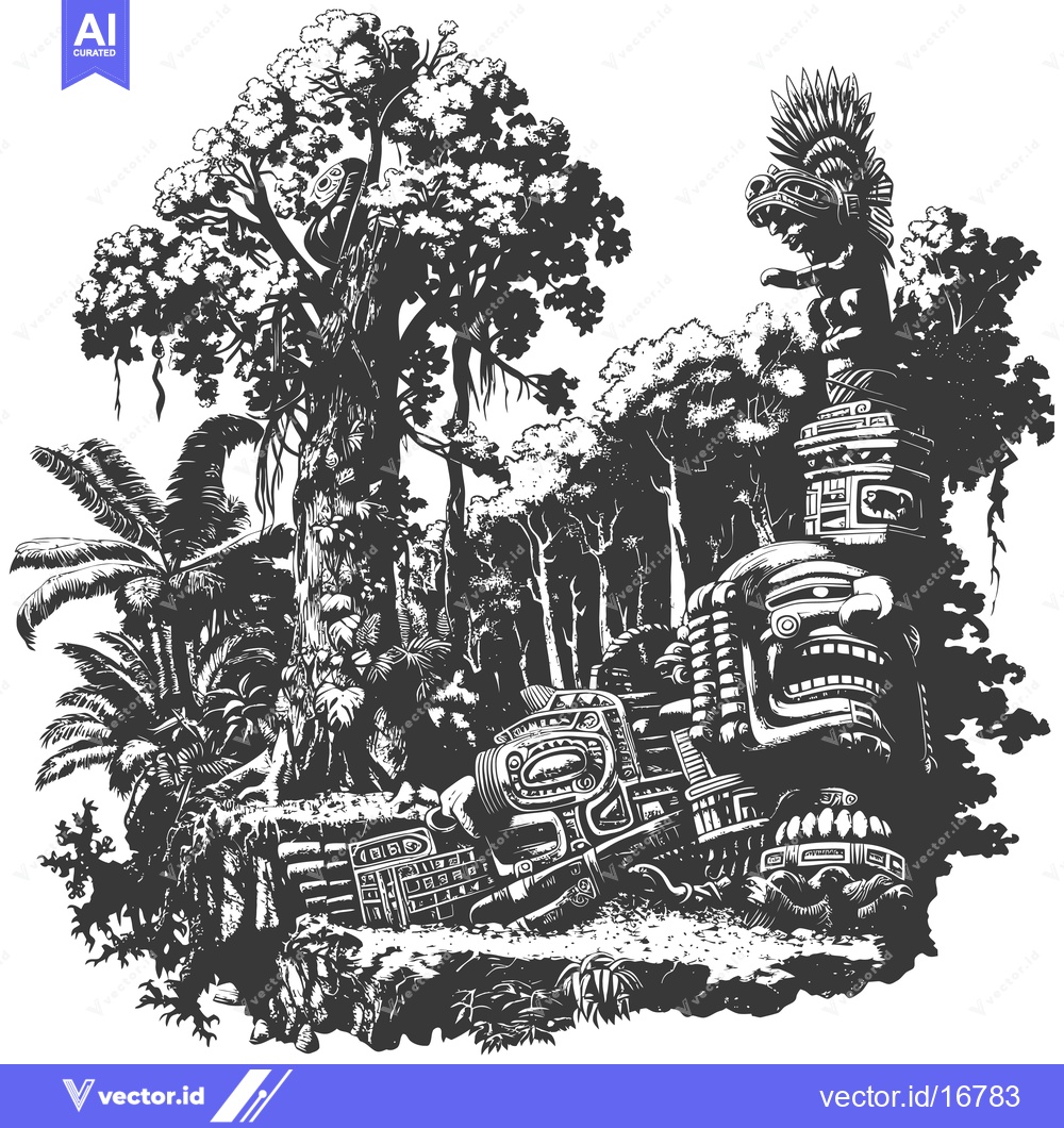 Premium Vector of Ancient Stone Carving in Lush Jungle Setting