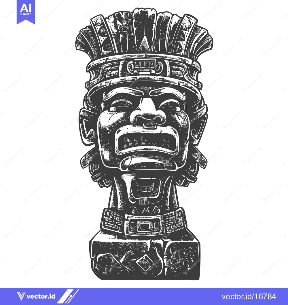Premium Vector dari Ancient Stone Carving of a Mayan Head with Feathered Headdress