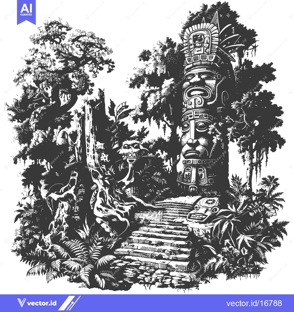 Premium Vector of Ancient Stone Totem Standing in a Dense Jungle