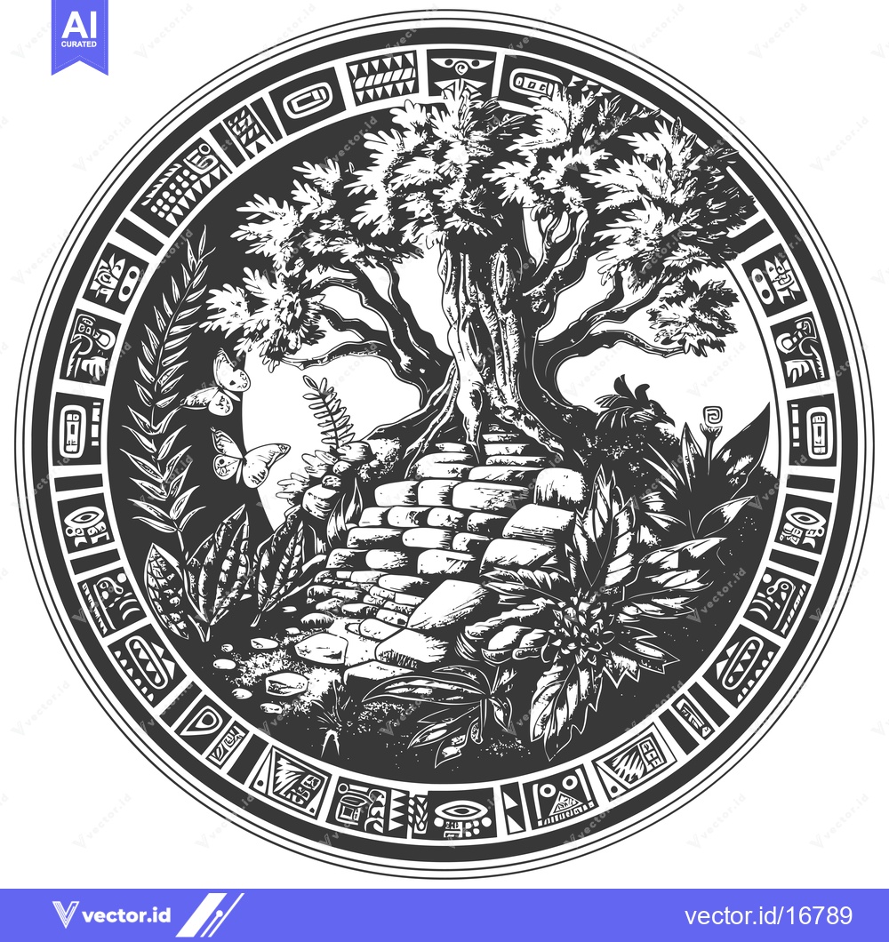 Premium Vector dari Ancient Tree of Life with Mayan-Inspired Circular Pattern