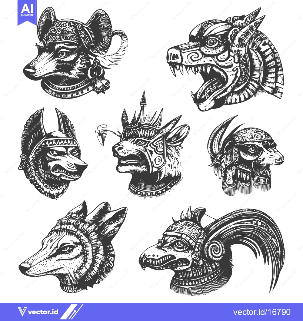 Premium Vector of Ancient Tribal Animal Heads with Elaborate Headwear