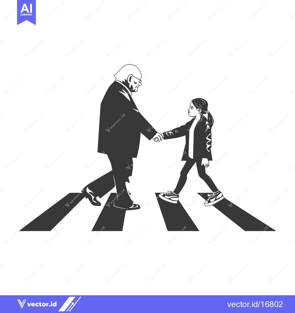 Premium Vector dari An elderly man and a young girl walking hand-in-hand across a crosswal