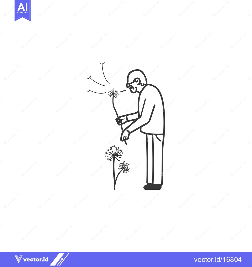 Premium Vector dari An elderly man blows on a dandelion while standing next to a plant wit