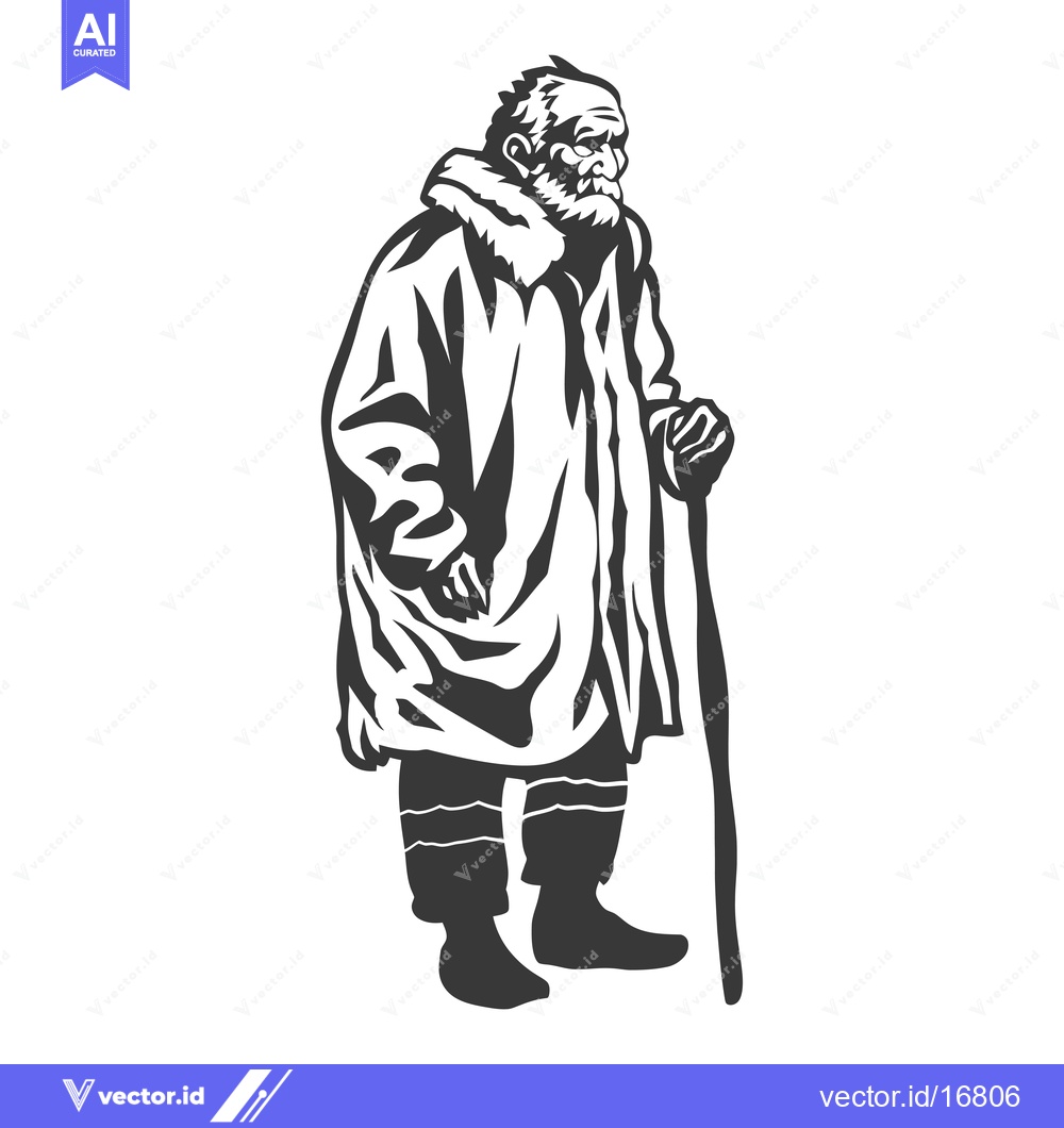 Premium Vector dari An Elderly Man in a Fur-Lined Coat and a Walking Stick