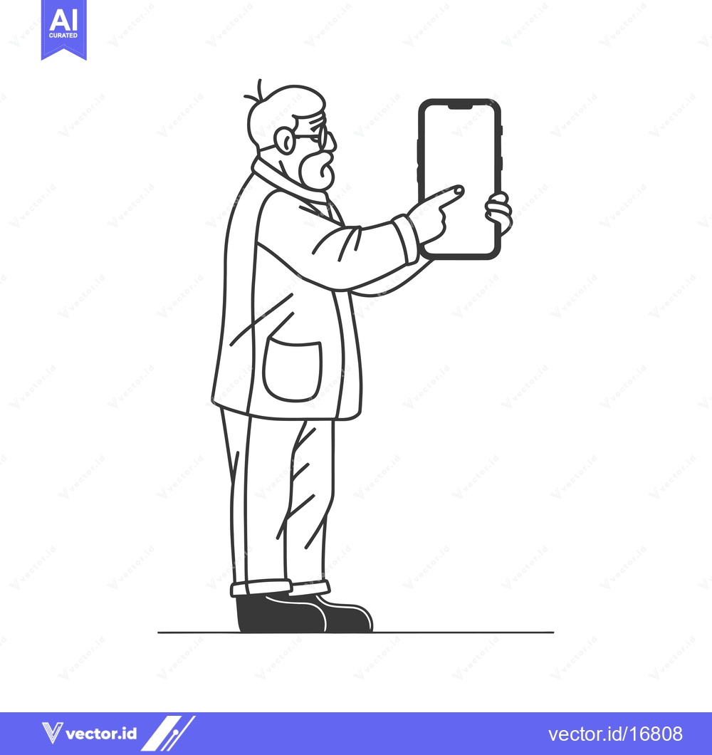 Premium Vector of An elderly man in glasses pointing at a smartphone.