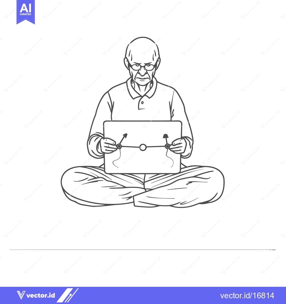 Premium Vector dari An Elderly Man Sitting Cross-legged, Looking Down at a Laptop
