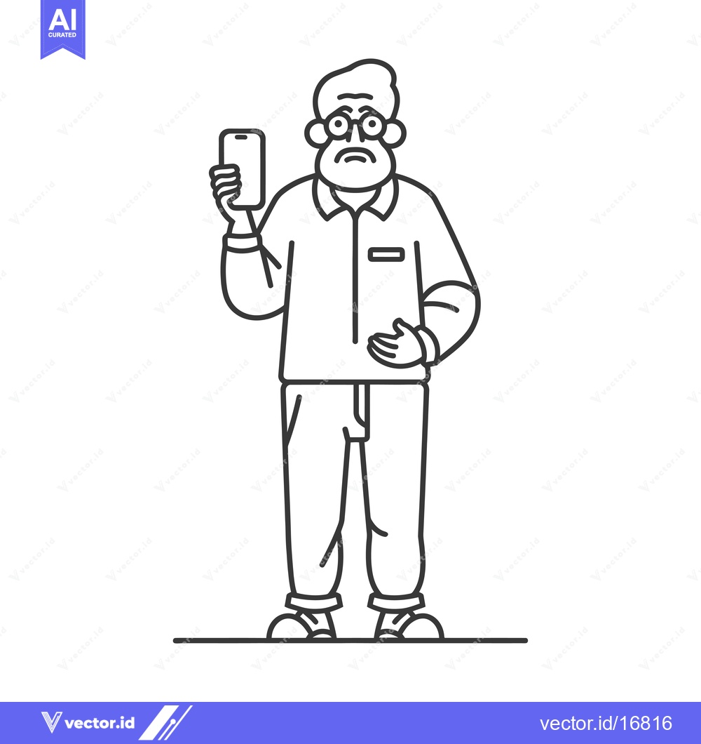 Premium Vector of An elderly man wearing glasses holds a smartphone with a confused expr