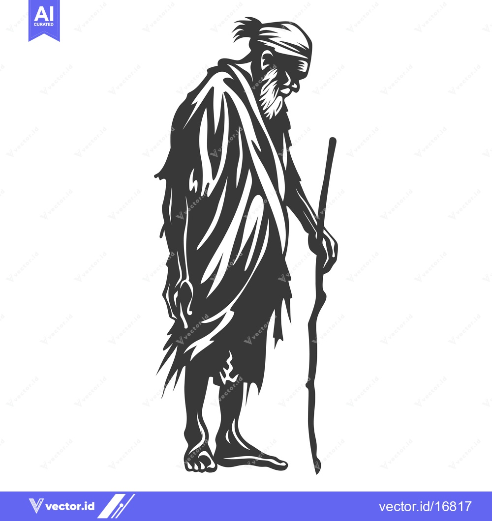 Premium Vector of An Elderly Man with a Long Beard and a Walking Stick