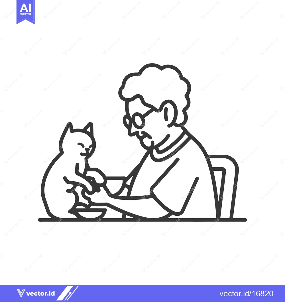 Premium Vector dari An elderly man with glasses feeds a cat from a bowl