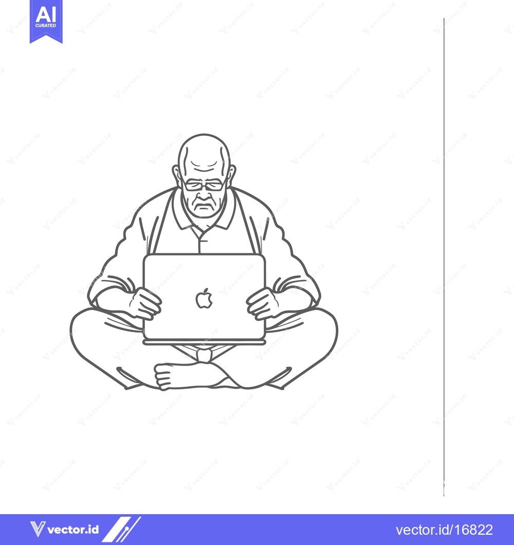 Premium Vector dari An elderly man with glasses sitting in a meditative pose with a laptop