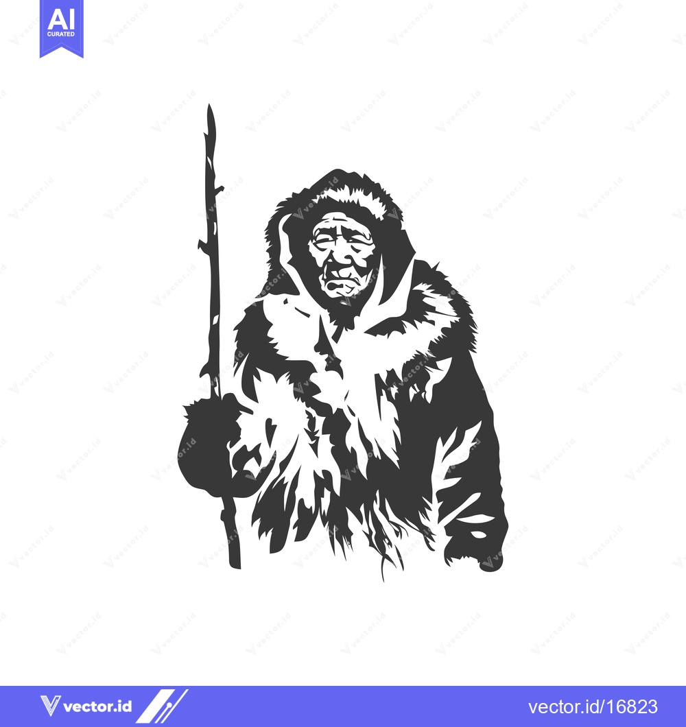 Premium Vector of An Elderly Person in a Fur-lined Hood Holding a Stick