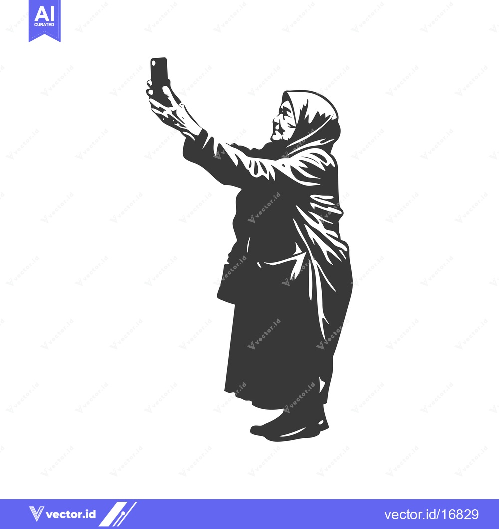 Premium Vector dari An elderly woman in a headscarf takes a selfie on her phone