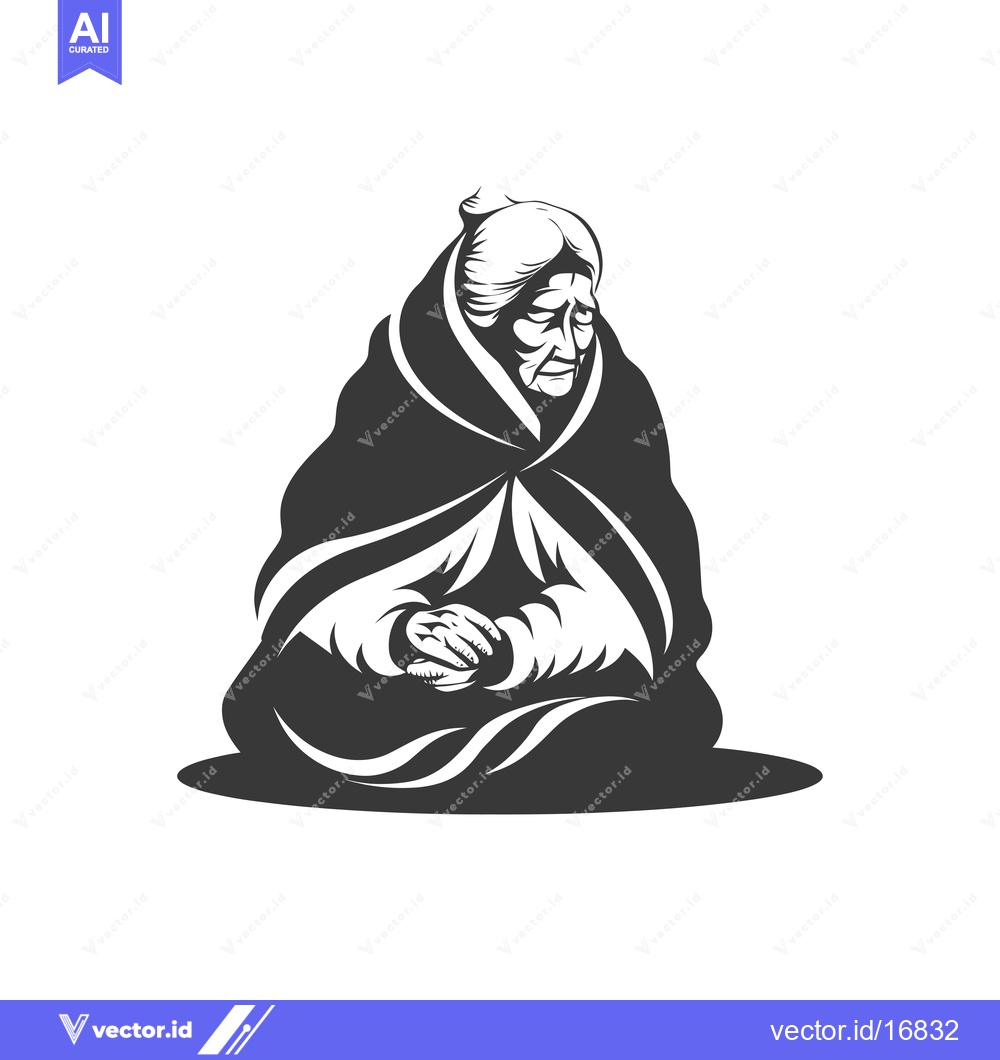 Premium Vector of An elderly woman sits, wrapped in a cloak, her head bowed in sorrow.