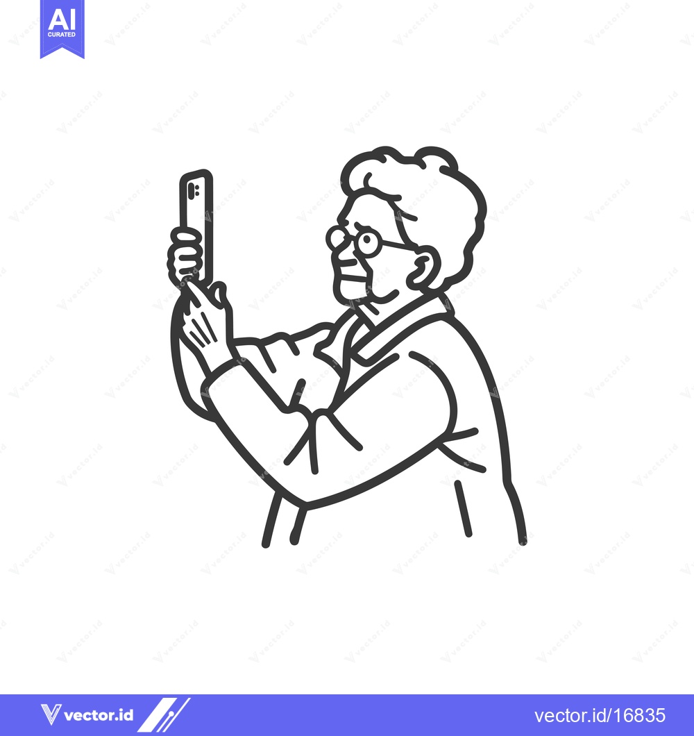 Premium Vector of An Elderly Woman Using a Smartphone, Line Art Illustration