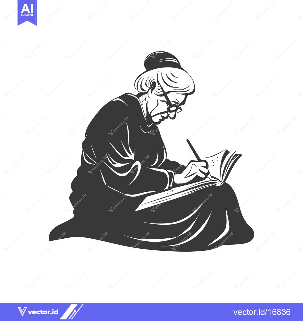 Premium Vector of An elderly woman with a bun in her hair sits with a book and writes in