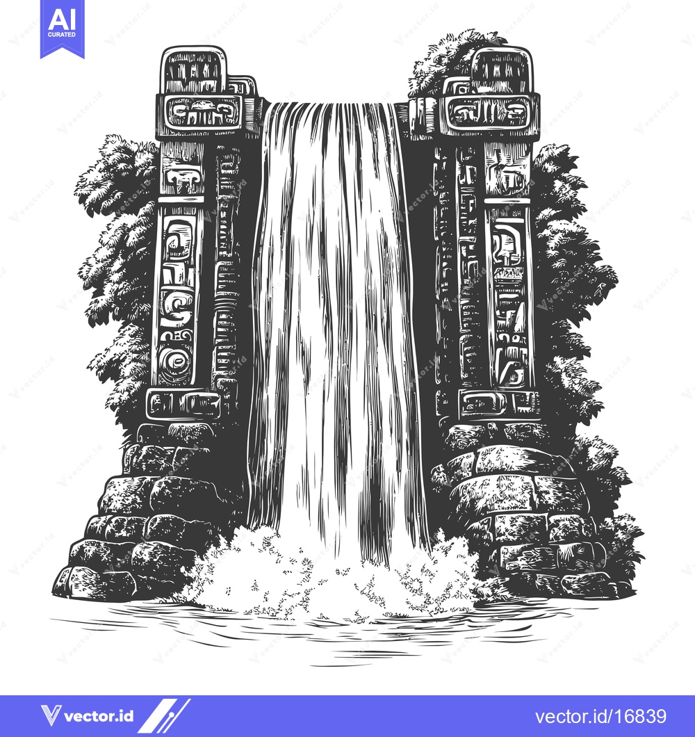 Premium Vector of An Engraved Illustration of a Waterfall Flanked by Stone Pillars with