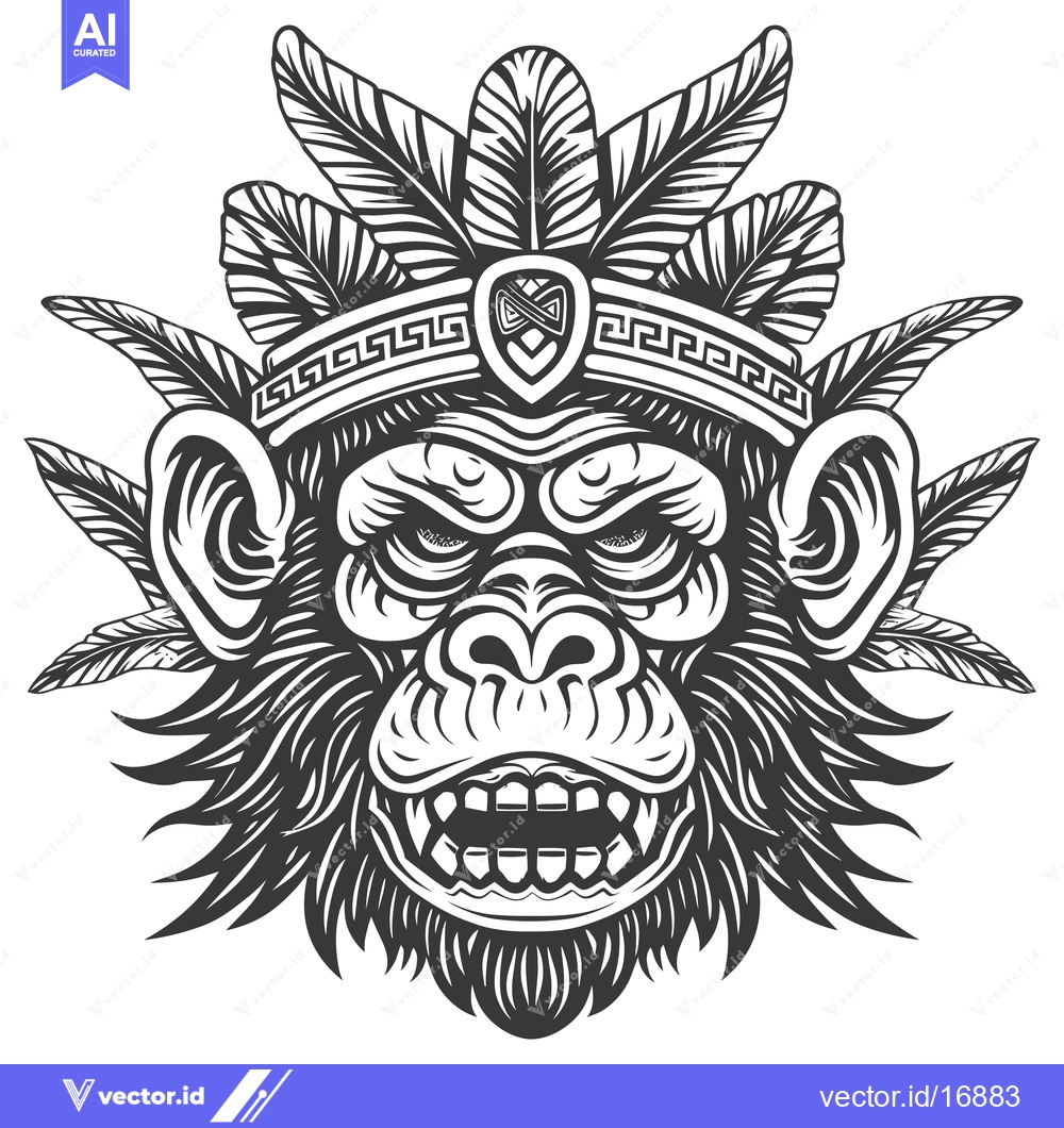 Premium Vector dari Angry Monkey Head with Feathers and Tribal Design