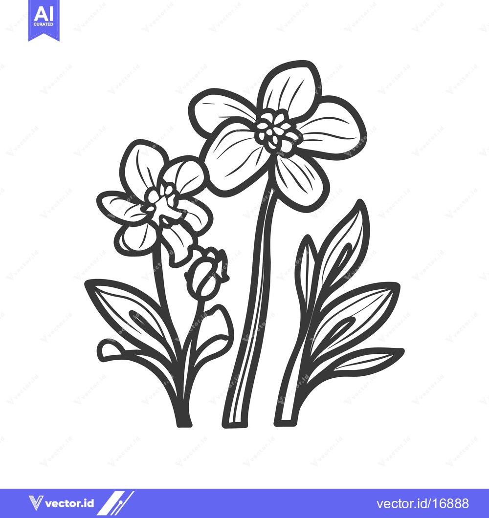 Premium Vector dari A simple black and white line drawing depicts flowers with leaves