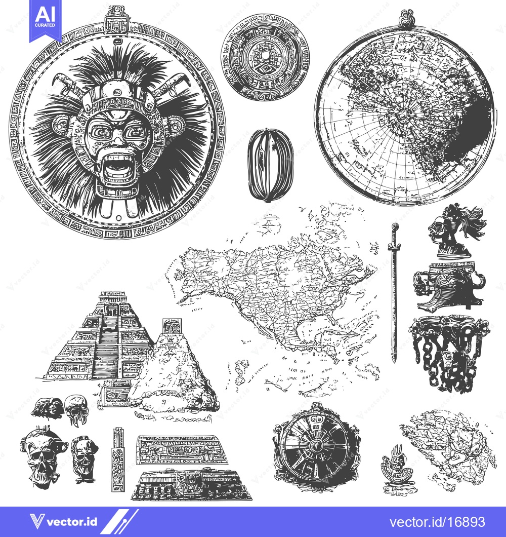 Premium Vector of An Illustrated Collection of Ancient Mayan and Mesoamerican Artifacts