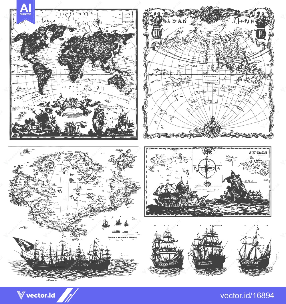 Premium Vector of An Illustrated Collection of Vintage Maps and Sailing Ships