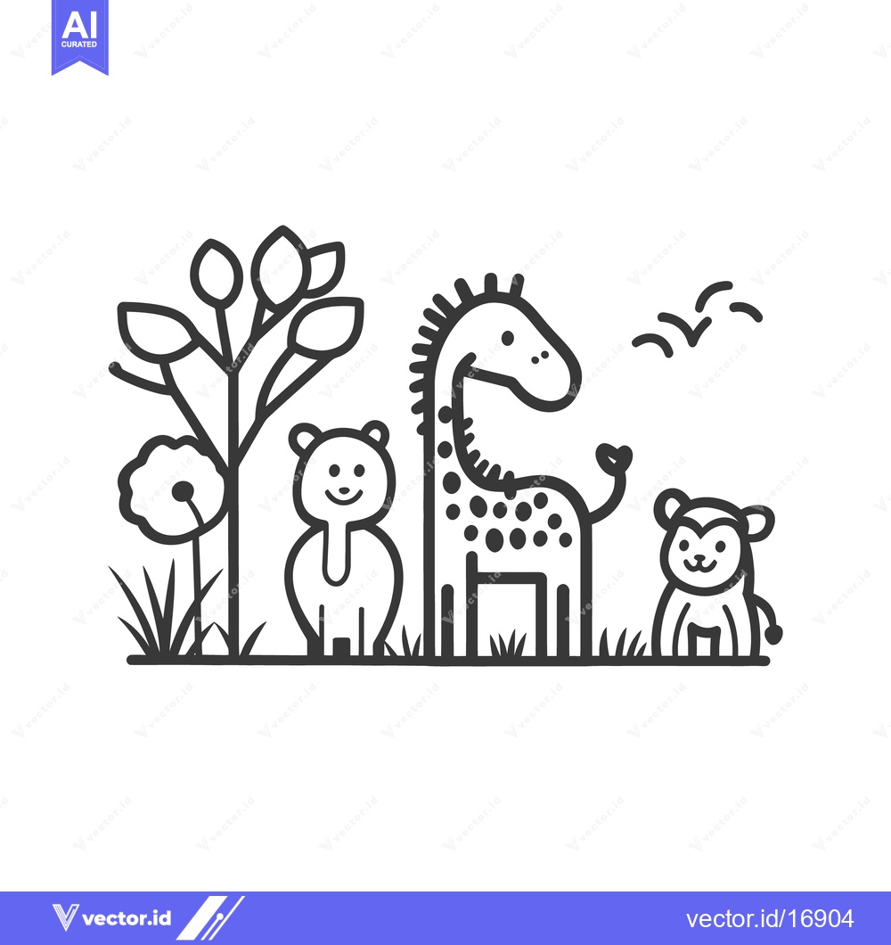 Premium Vector dari Cartoon animals and plants form a stylized scene on grass