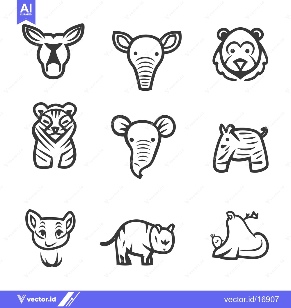 Premium Vector of Nine simplified animal illustrations arranged in a square pattern form