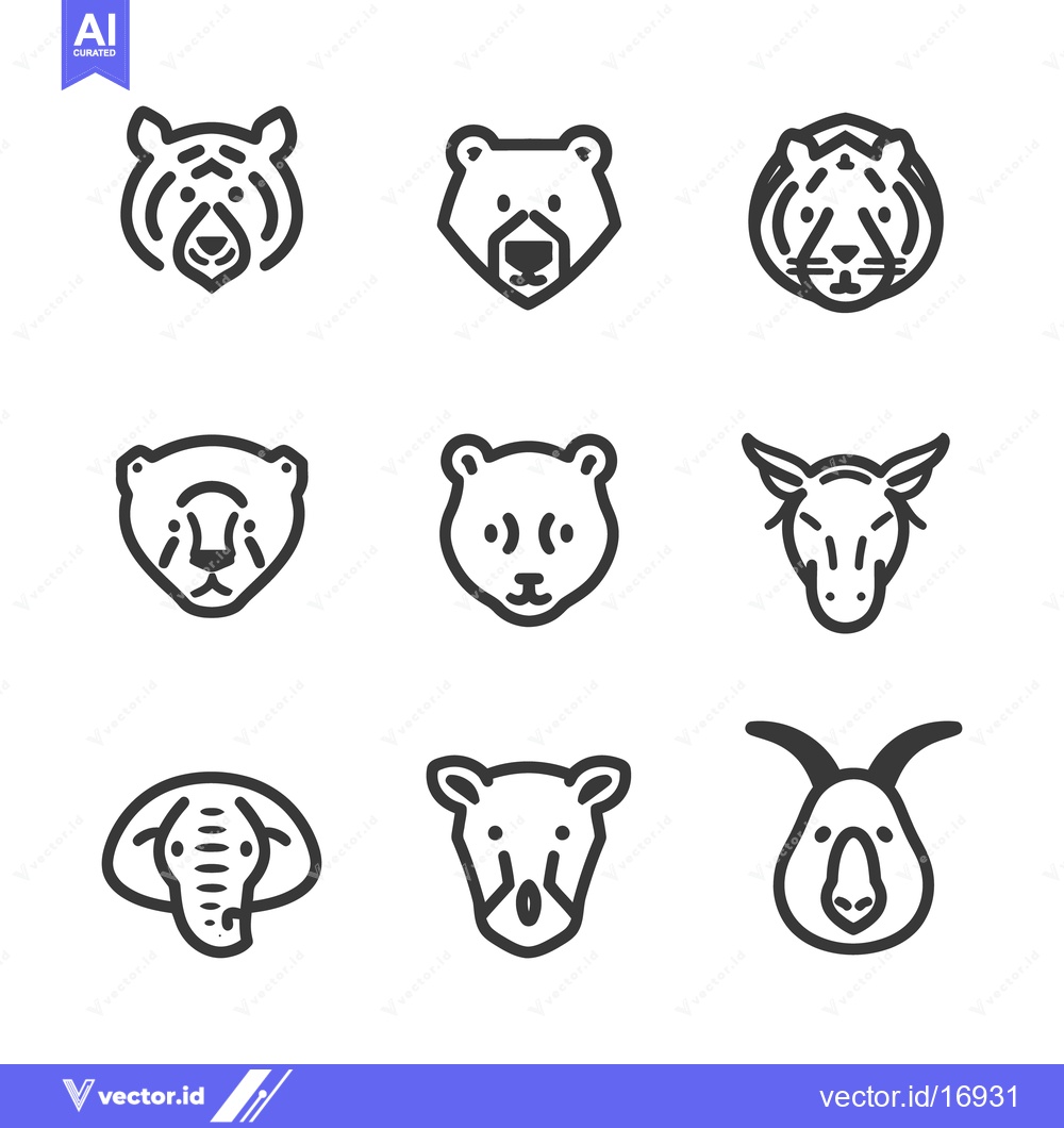 Premium Vector dari Nine Minimalistic Animal Face Illustrations Presented in a Grid Arrang