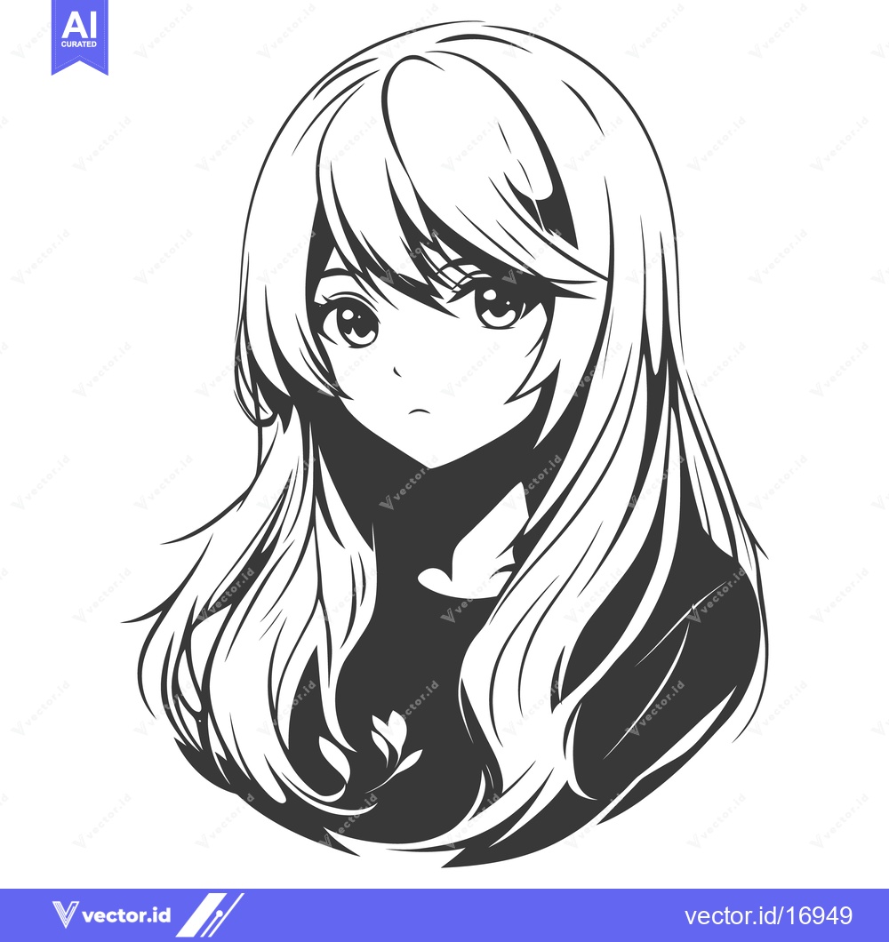 Premium Vector of A monochrome anime portrait of a young woman with long hair
