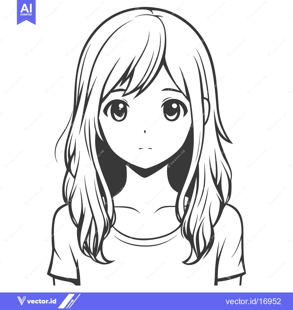 Premium Vector dari A simple black and white anime style portrait of a young girl