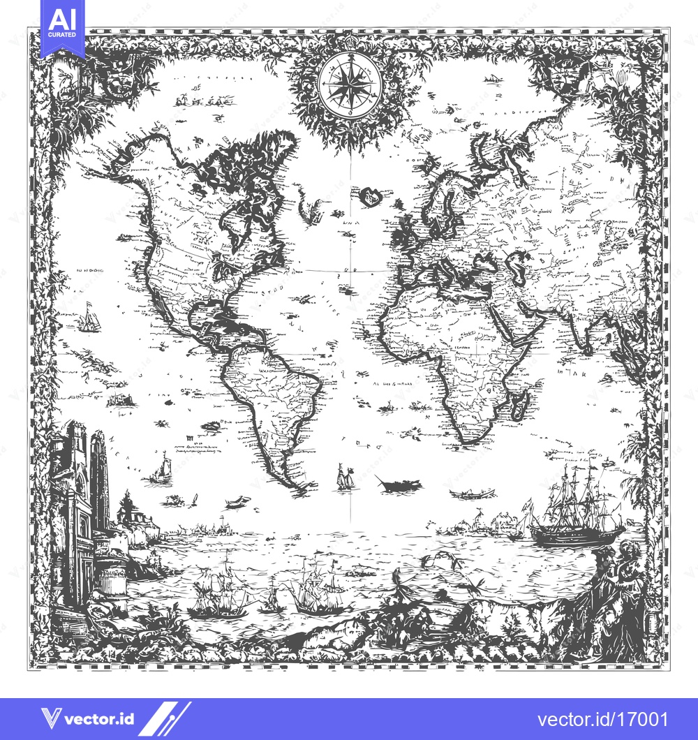 Premium Vector dari An Old Nautical Map of the World, Surrounded by Ships and  Floral Bord