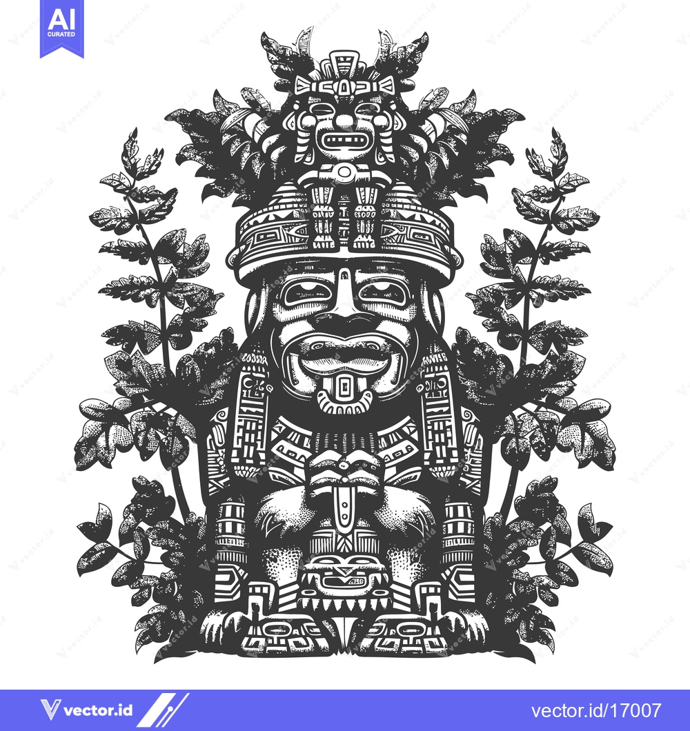 Premium Vector dari An Ornate Aztec Idol with Feathered Headdress in Jungle Foliage