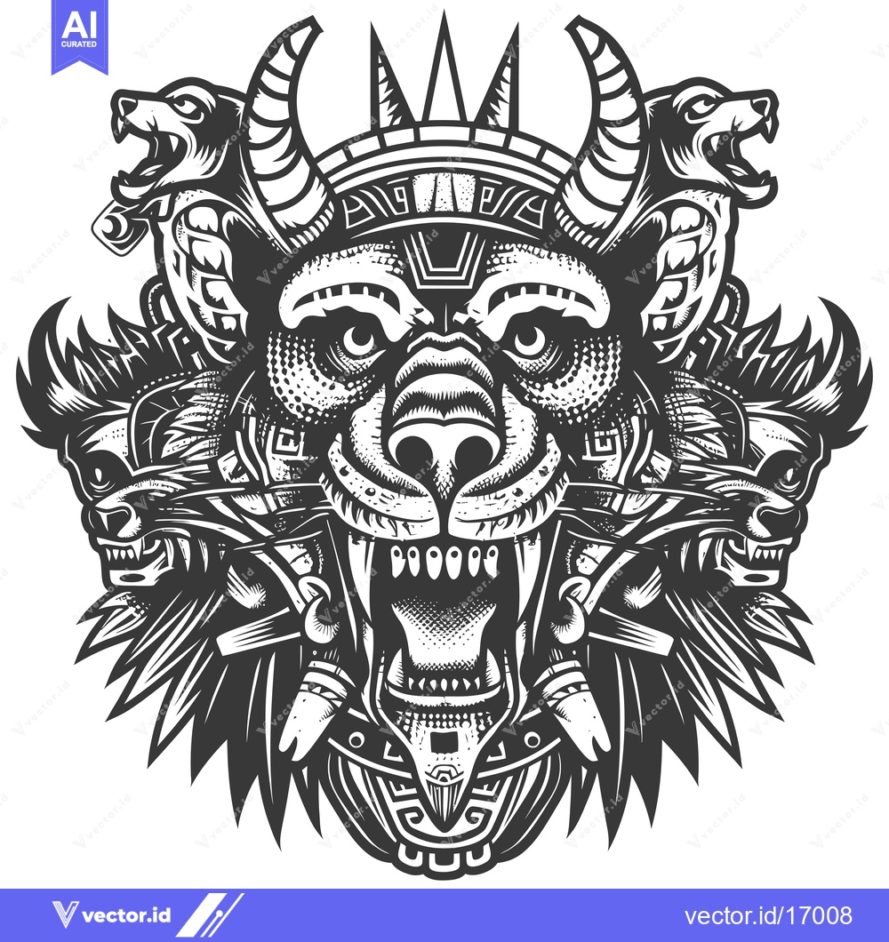 Premium Vector dari An Ornate Monochromatic Illustration of a Ferocious Beast with Horns