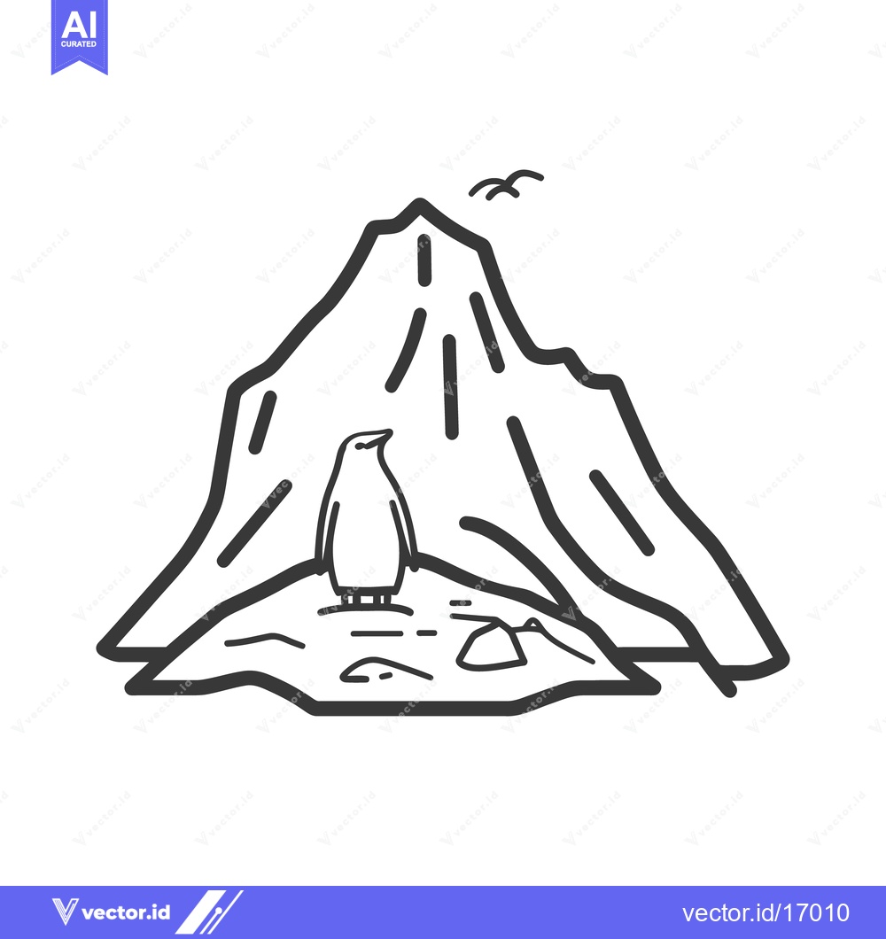 Premium Vector dari A penguin stands before a mountain with birds in the sky