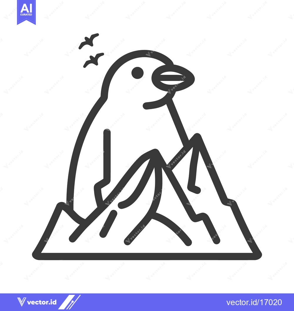 Premium Vector of A penguin sits upon a mountain range with birds flying above