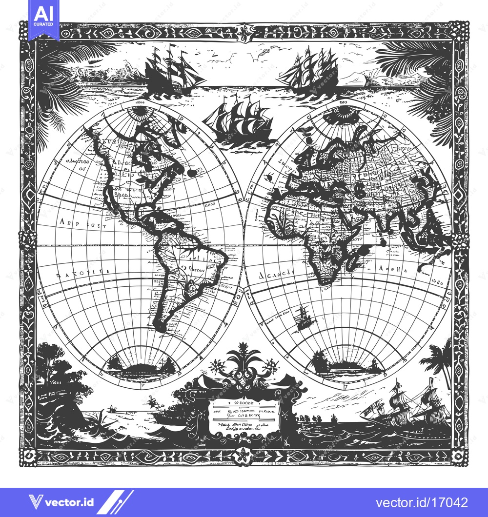 Premium Vector of Antique Framed World Map with Ships and Palm Trees