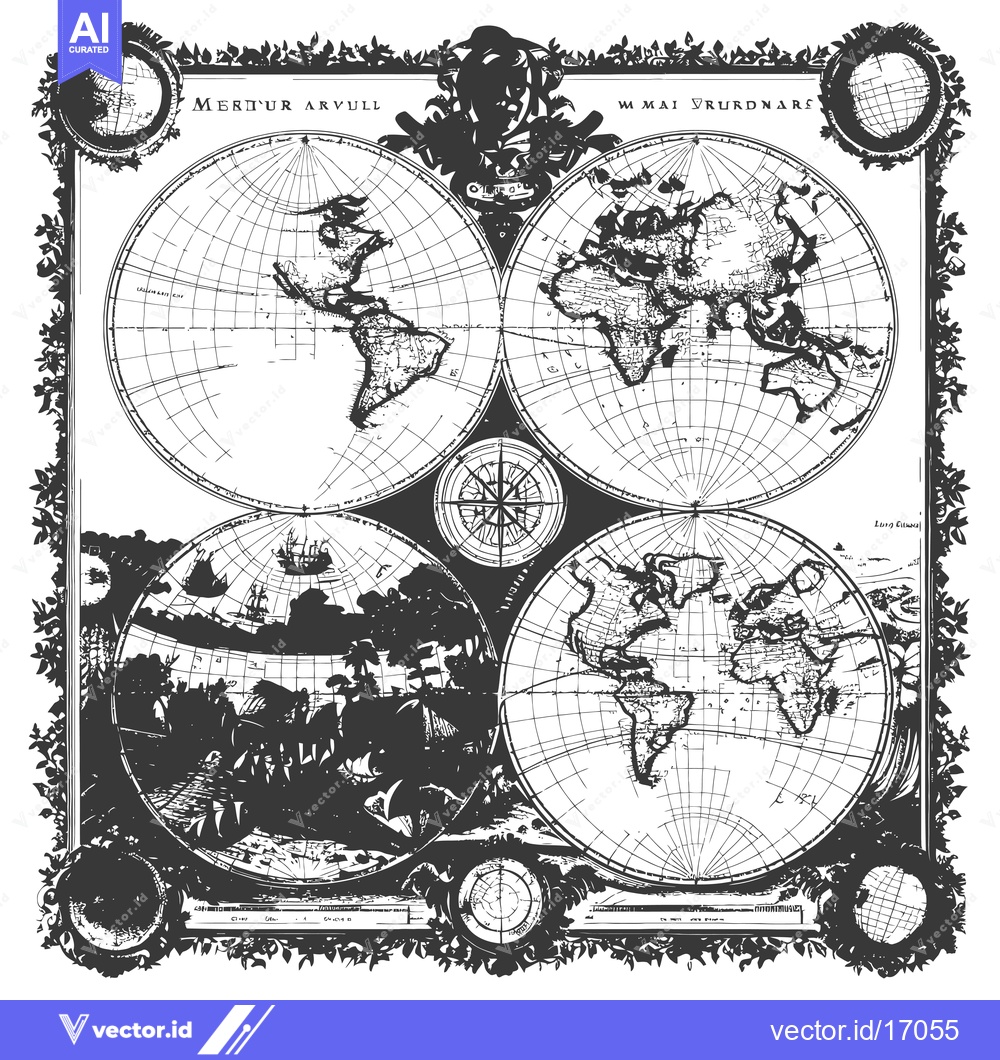 Premium Vector of Antique Map of the World with Ornamental Frame and Compass