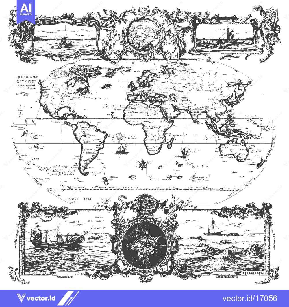 Premium Vector of Antique World Map Illustration with Sailing Ships and Ornate Frames