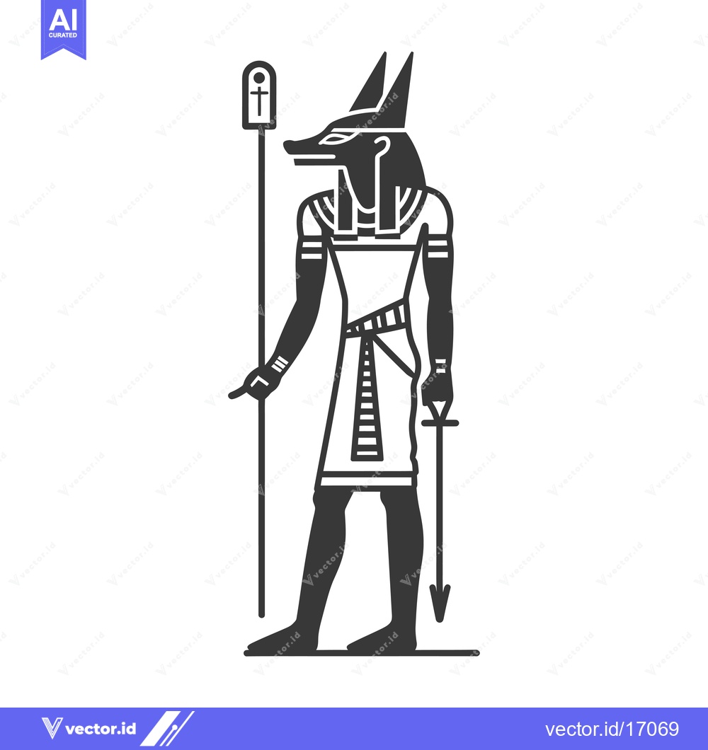 Premium Vector dari Anubis, the Egyptian God of the Dead, Holding a Staff and an Ankh