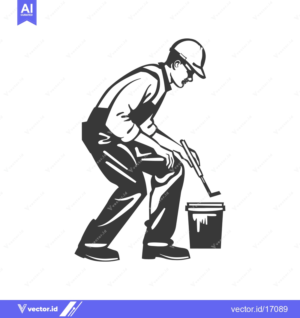 Premium Vector of A Painter Dipping a Paintbrush into a Bucket