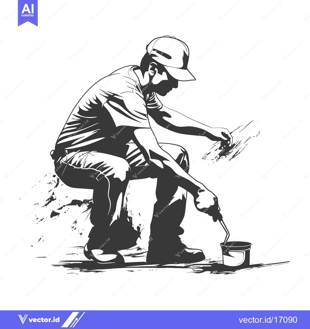 Premium Vector dari A Painter Kneeling and Inspecting His Work