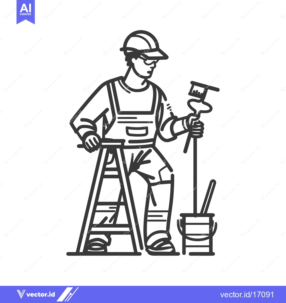 Premium Vector of A Painter Standing on a Ladder Holding a Paint Roller