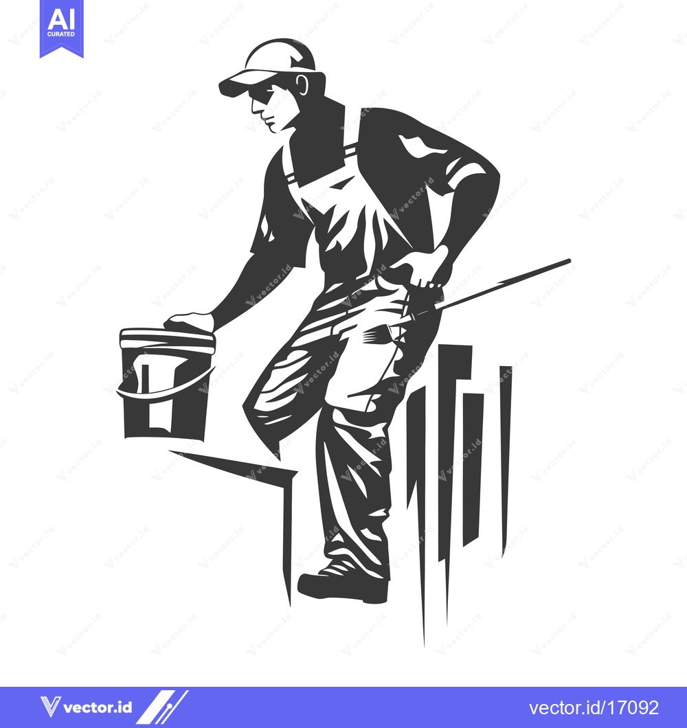 Premium Vector dari A Painter Standing on a Scaffolding with a Paint Bucket