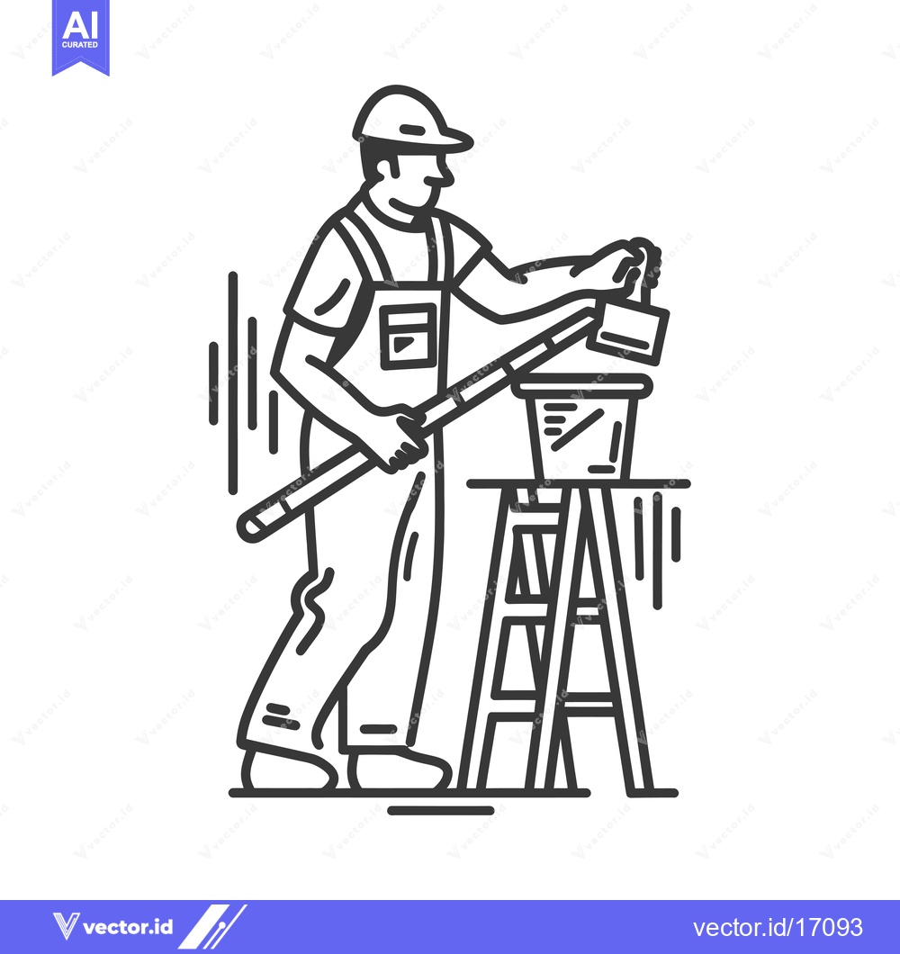 Premium Vector dari A painter standing on a stepladder, dipping a paintbrush in a bucket