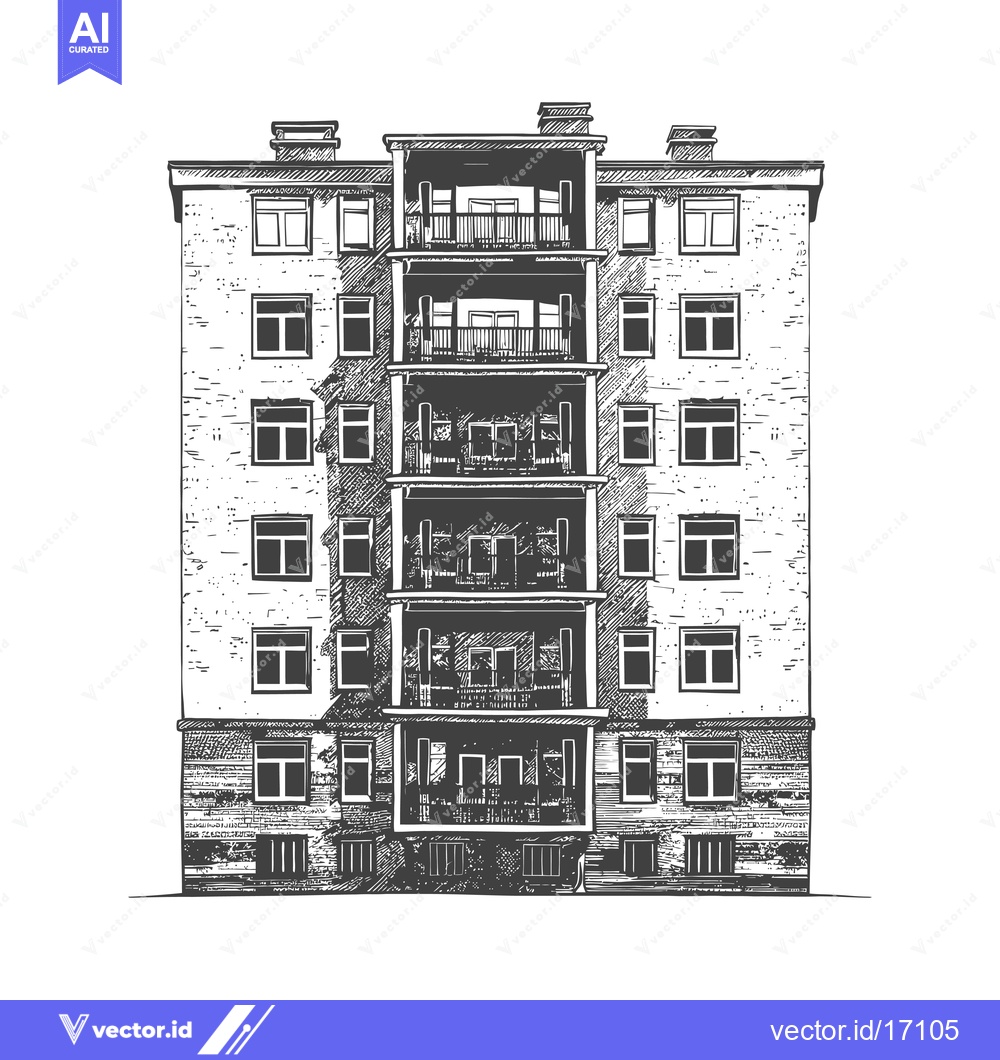 Premium Vector of Hand Drawn Sketch Of A Multistory Brick Apartment Building