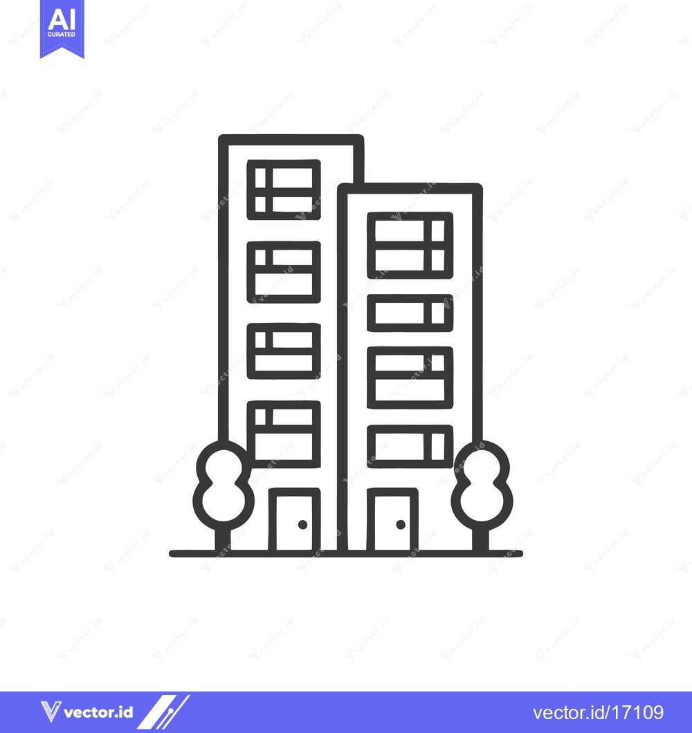 Premium Vector dari Minimalist Building Icon with Trees, Black Outline on White Background