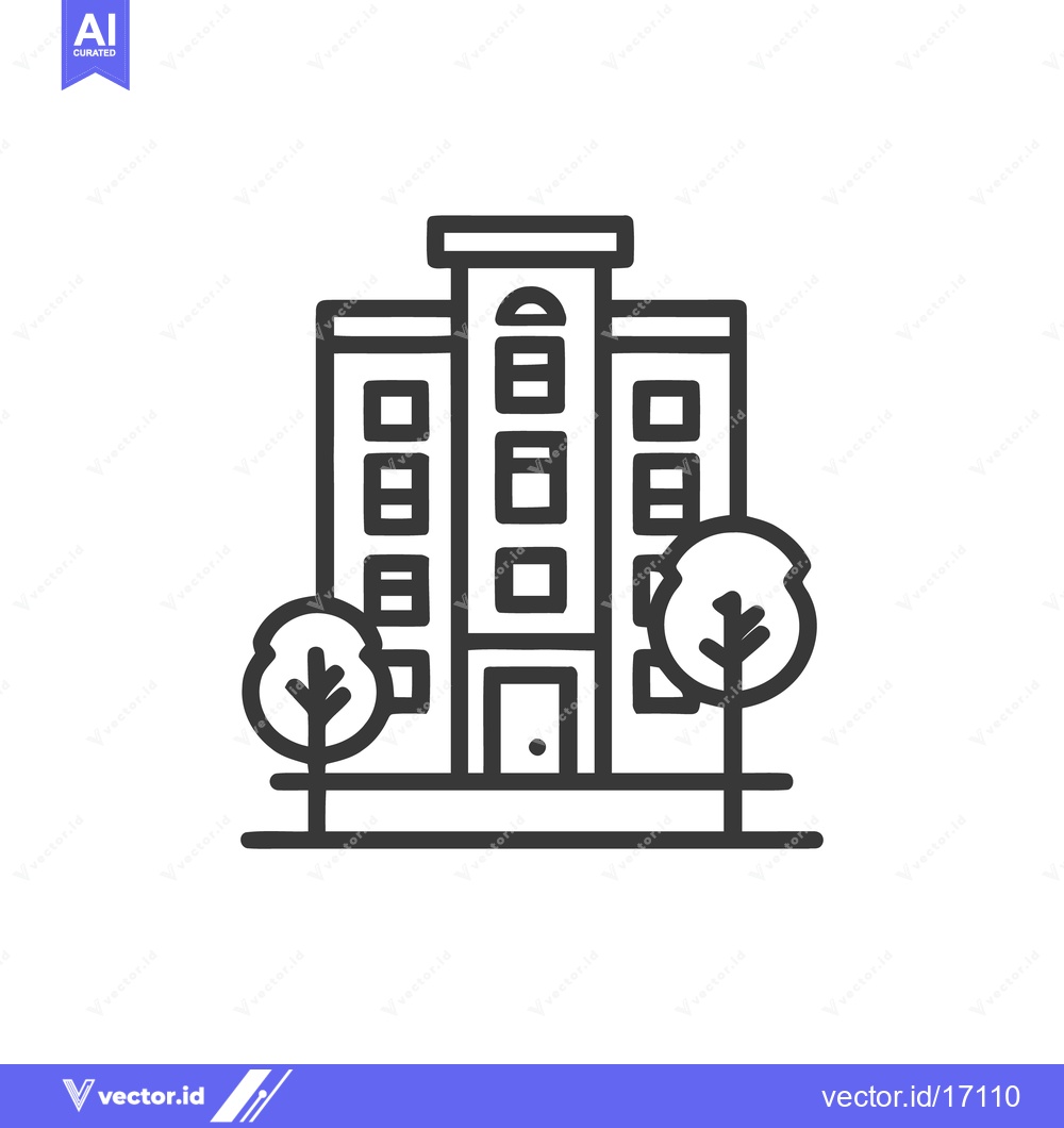 Premium Vector dari Minimalist Building Icon with Trees, Black Outline on White Background