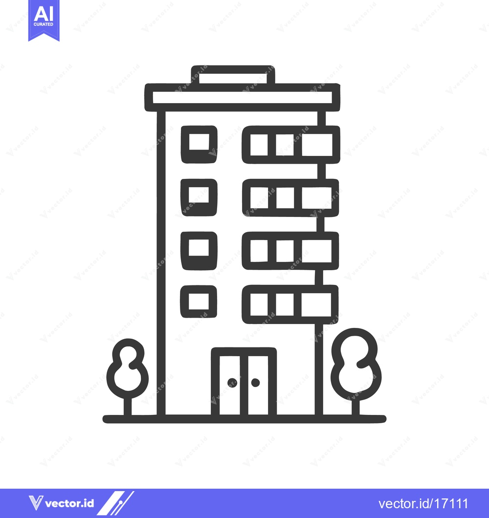 Premium Vector dari Minimalist Apartment Building Icon with Trees, Clean Line Art Style