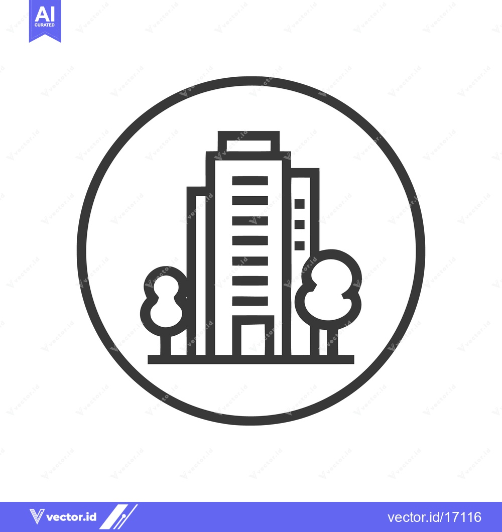 Premium Vector dari Minimalist Cityscape Icon: Building, Trees, and Circular Frame Design
