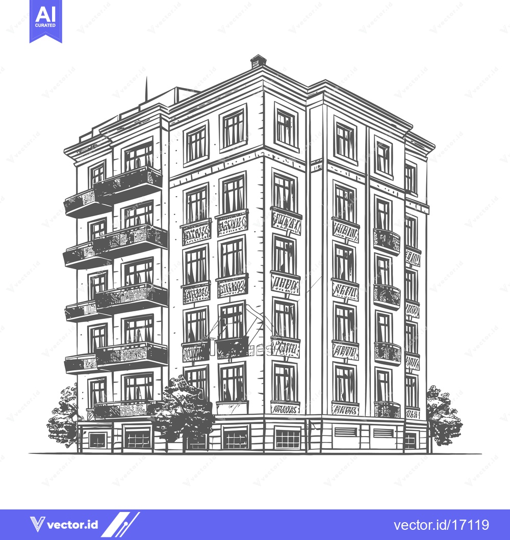 Premium Vector dari A detailed illustration depicts an apartment building of ornate design