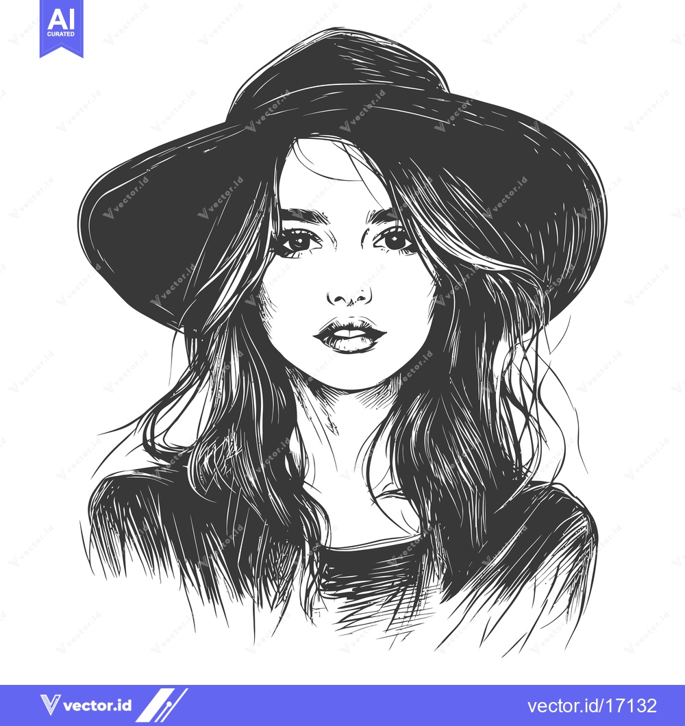 Premium Vector of A Pen and Ink Sketch of a Woman with Long Hair and a Wide-Brimmed Hat